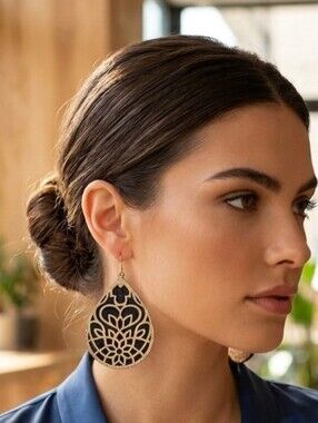 Icing Gold Filigree Teardrop Earrings with Black Inset